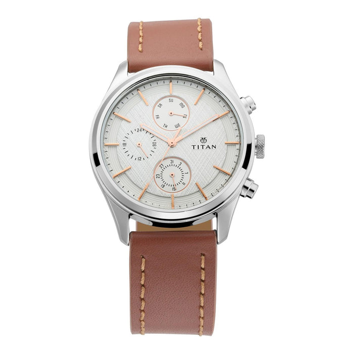 TITAN Mens White Dial Leather Multi-Function Watch - 185SL1