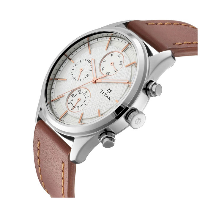TITAN Mens White Dial Leather Multi-Function Watch - 185SL1