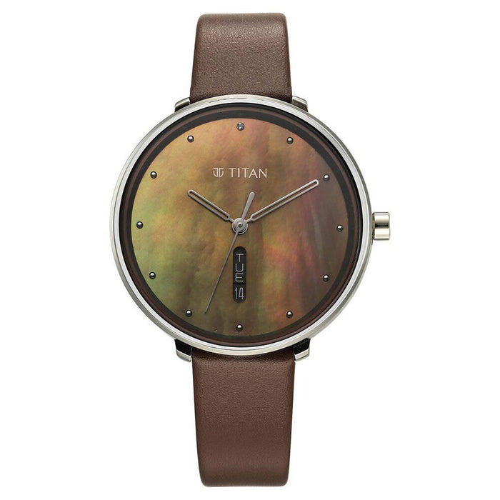 Titan Neo Analog with Day and Date Mother Of Pearl Dial Brown Color Leather Strap Watch For Women