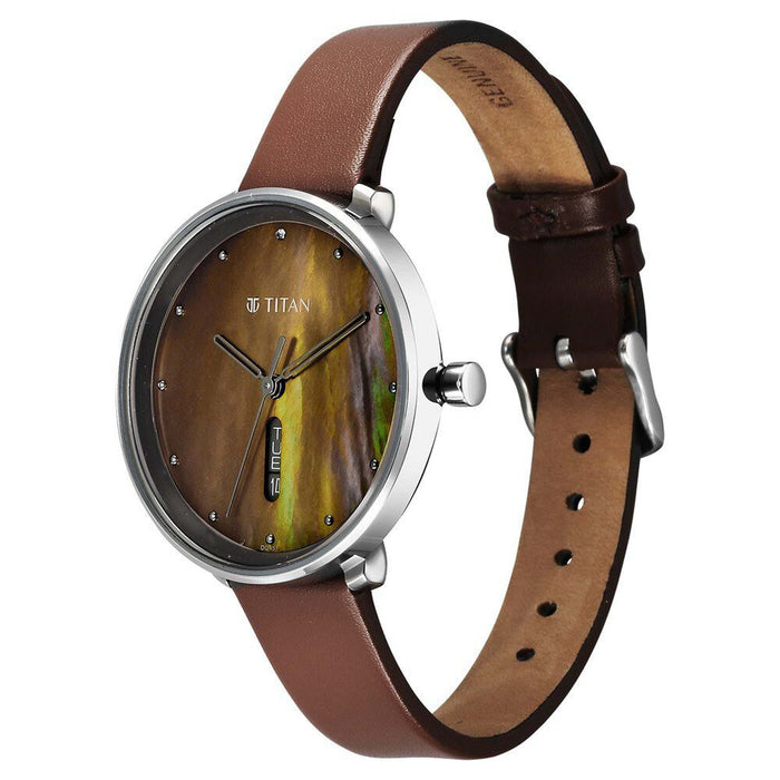 Titan Neo Analog with Day and Date Mother Of Pearl Dial Brown Color Leather Strap Watch For Women