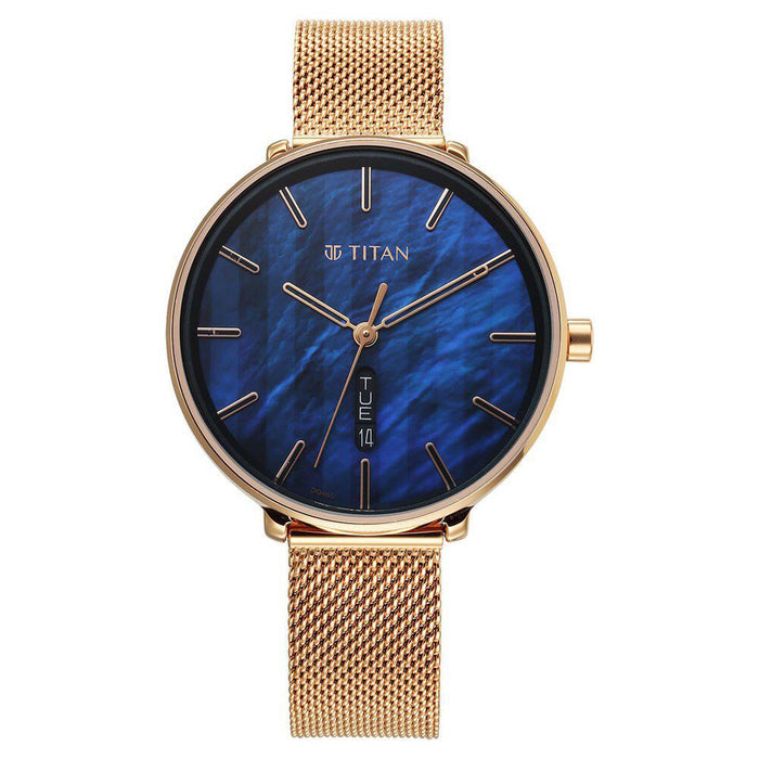 Titan Neo Analog with Day and Date Mother Of Pearl Dial Rose Gold Color Stainless Steel Strap Watch For Women 2763WM01