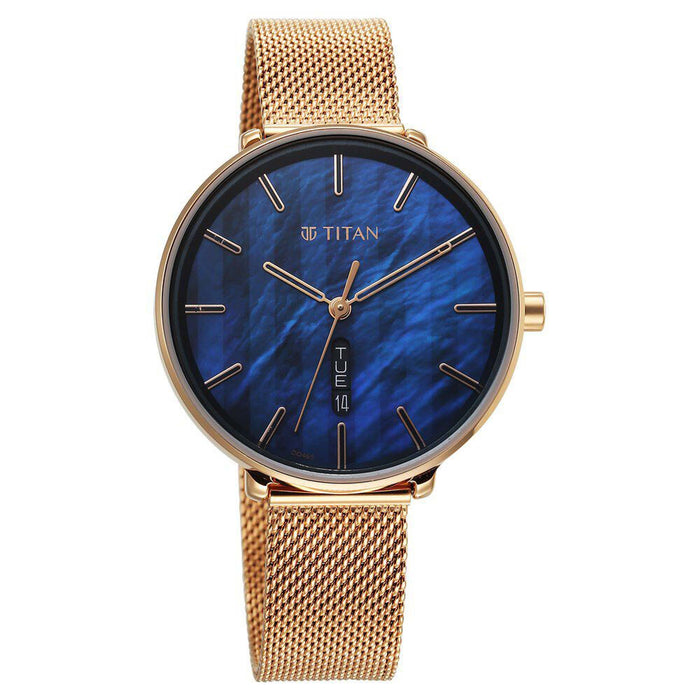 Titan Neo Analog with Day and Date Mother Of Pearl Dial Rose Gold Color Stainless Steel Strap Watch For Women 2763WM01