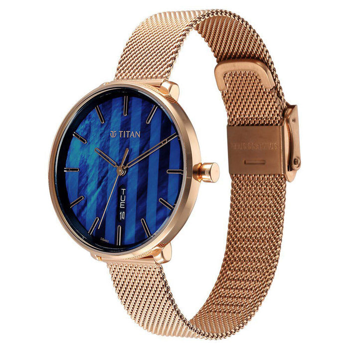 Titan Neo Analog with Day and Date Mother Of Pearl Dial Rose Gold Color Stainless Steel Strap Watch For Women 2763WM01
