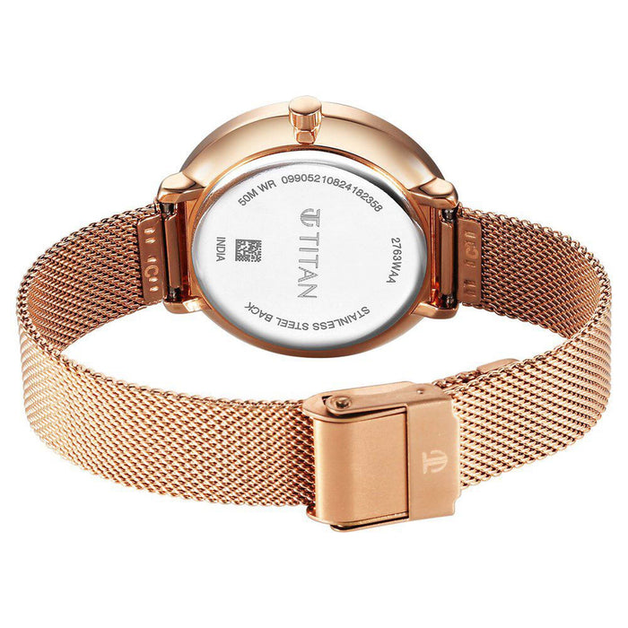 Titan Neo Analog with Day and Date Mother Of Pearl Dial Rose Gold Color Stainless Steel Strap Watch For Women 2763WM01