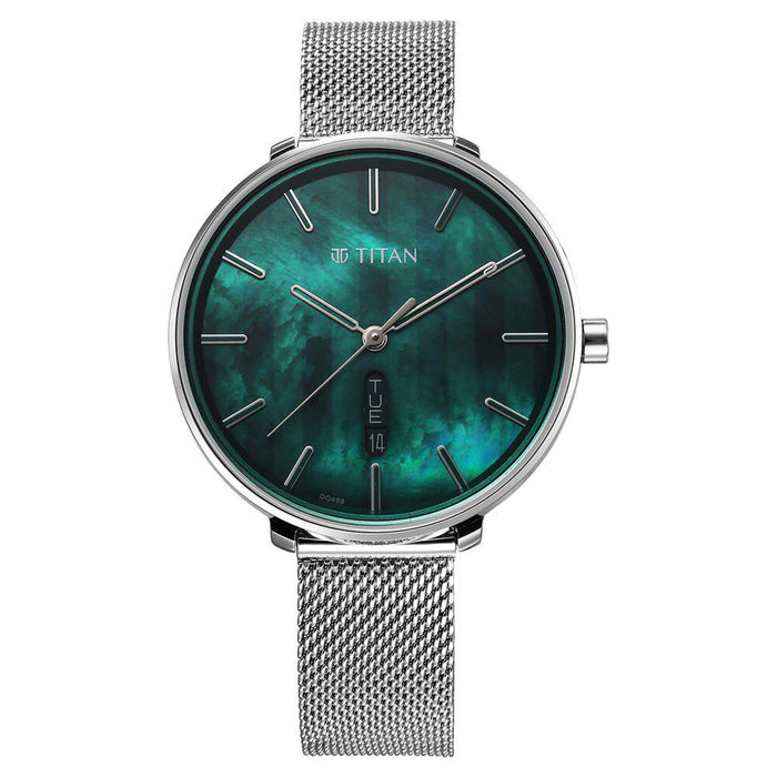 Titan Neo Analog with Day and Date Mother Of Pearl Dial Silver Color Stainless Steel Strap Watch For Women 2763SM01