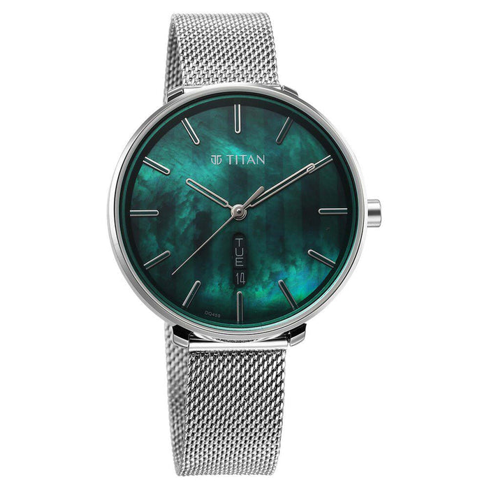 Titan Neo Analog with Day and Date Mother Of Pearl Dial Silver Color Stainless Steel Strap Watch For Women 2763SM01
