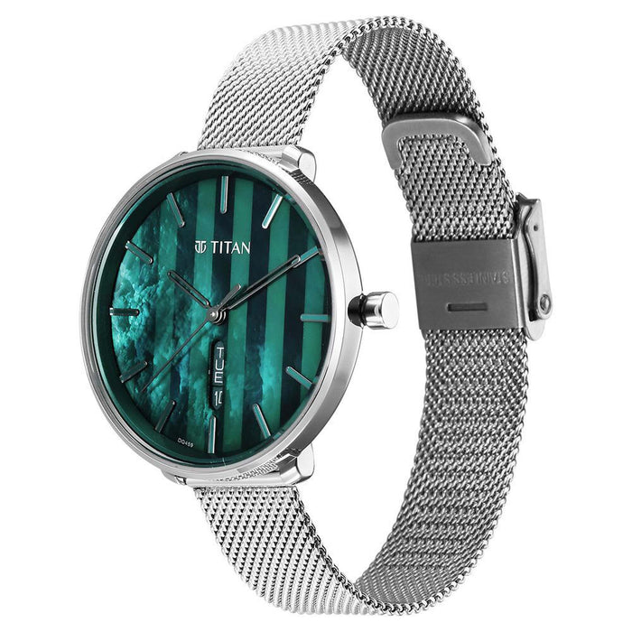 Titan Neo Analog with Day and Date Mother Of Pearl Dial Silver Color Stainless Steel Strap Watch For Women 2763SM01