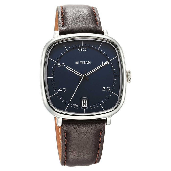 Titan Neo Curve Quartz Analog with Date With Date Blue Dial Brown Leather Strap Watch for Men 1885SL03