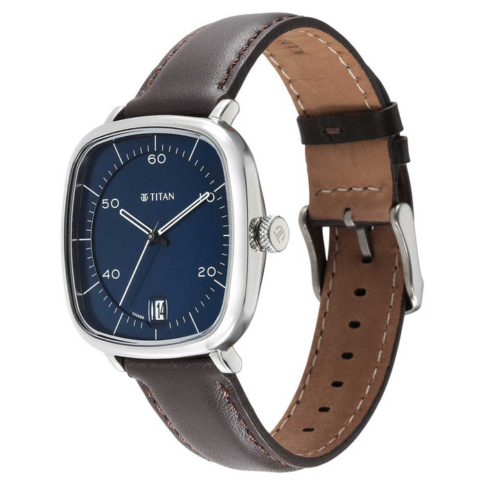 Titan Neo Curve Quartz Analog with Date With Date Blue Dial Brown Leather Strap Watch for Men 1885SL03
