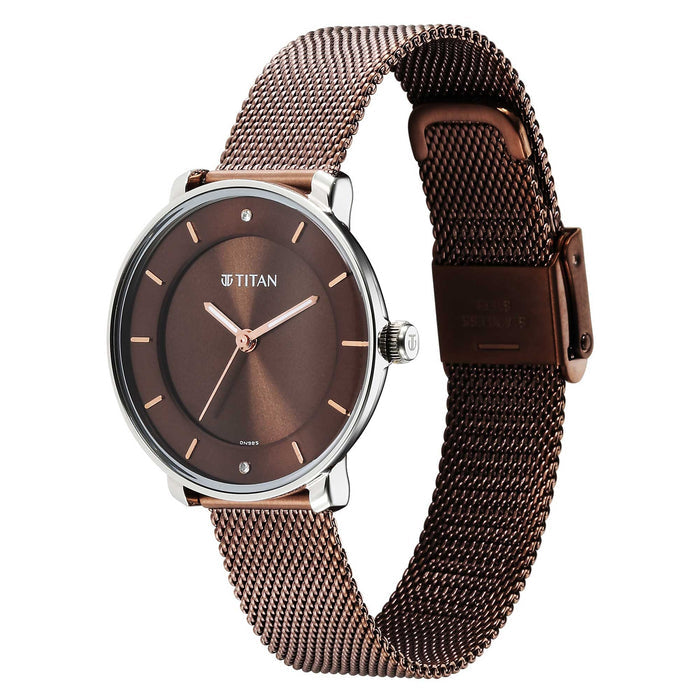 Titan Noir Brown Dial Analog Metal Strap Watch for Women 2728KM02