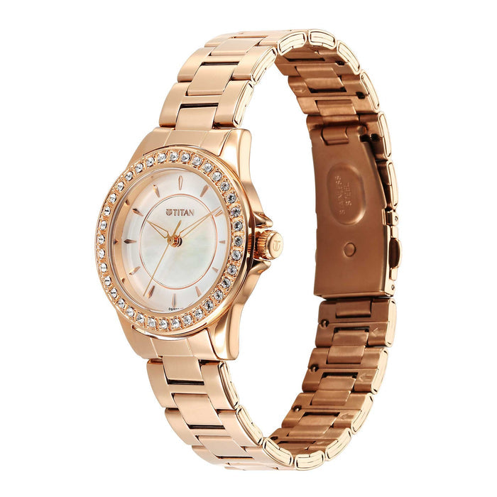 Titan Quartz 9798WM05 Pink Dial Stainless Steel Strap Women Watch 9798WM05