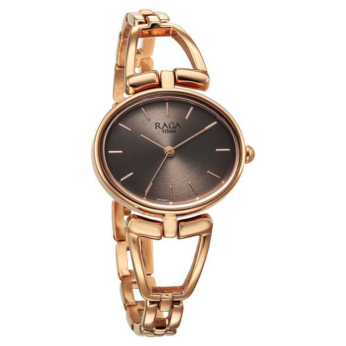 Titan Raga Ascend Quartz Analog Brown Dial With Rose Gold Color Metal Strap Watch For Women 2748WM01