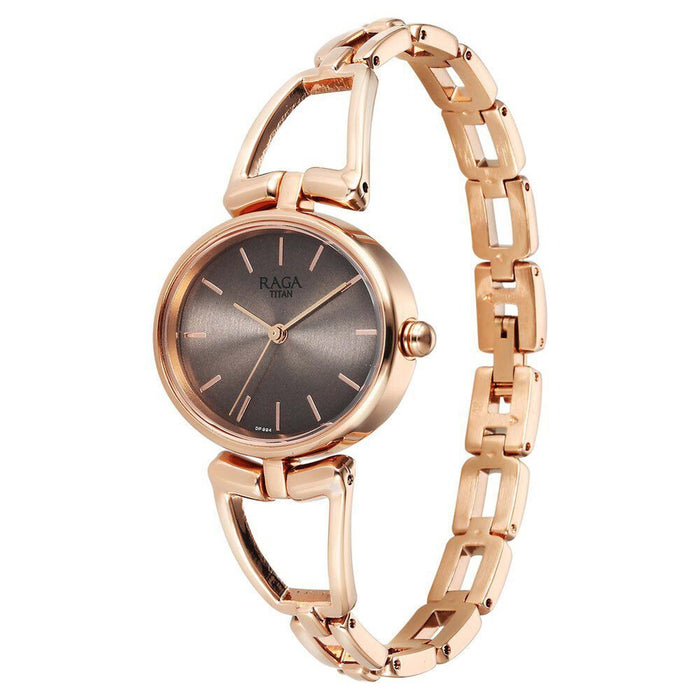 Titan Raga Ascend Quartz Analog Brown Dial With Rose Gold Color Metal Strap Watch For Women 2748WM01