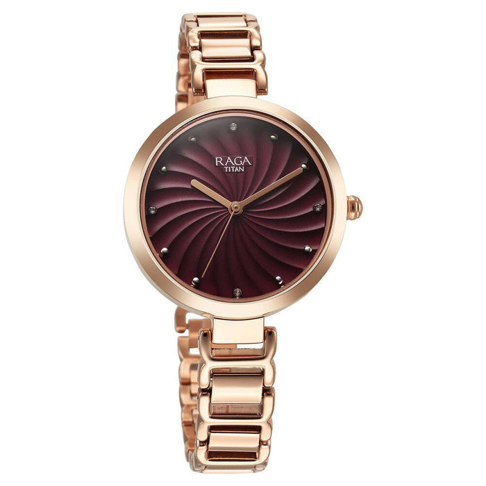 Titan Raga Memoirs Quartz Analog Burgundy Dial With Rose Gold Color Metal Strap Watch For Women 2752WM01
