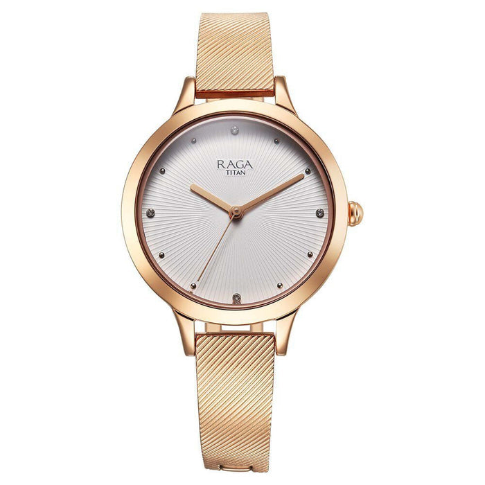 Titan Raga Memoirs Quartz Analog White Dial With Rose Gold Color Metal Strap Watch For Women 2754WM01
