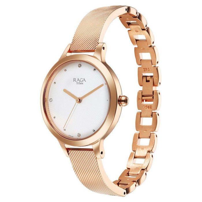 Titan Raga Memoirs Quartz Analog White Dial With Rose Gold Color Metal Strap Watch For Women 2754WM01