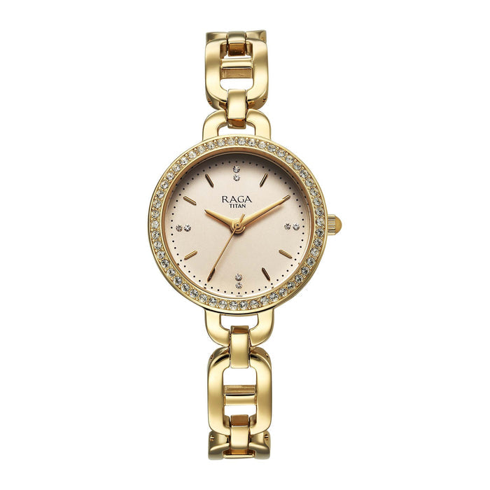 Titan Raga Showstopper Quartz Analog Golden Dial Metal Strap Watch For Women 95305YM01