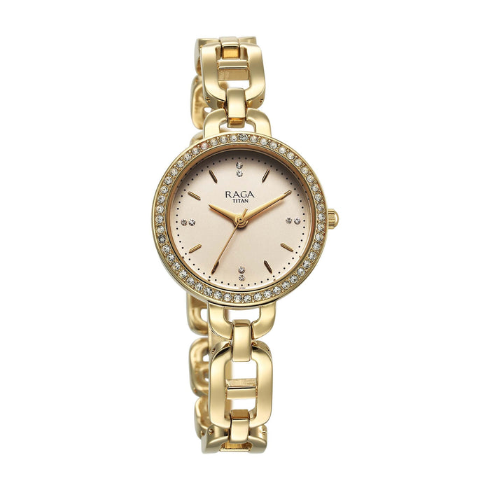 Titan Raga Showstopper Quartz Analog Golden Dial Metal Strap Watch For Women 95305YM01