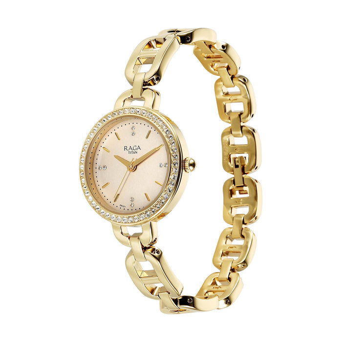 Titan Raga Showstopper Quartz Analog Golden Dial Metal Strap Watch For Women 95305YM01