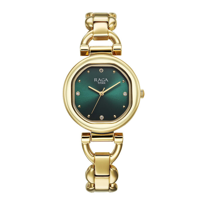 Titan Raga Showstopper Quartz Analog Green Dial Metal Strap Watch For Women 95301YM01