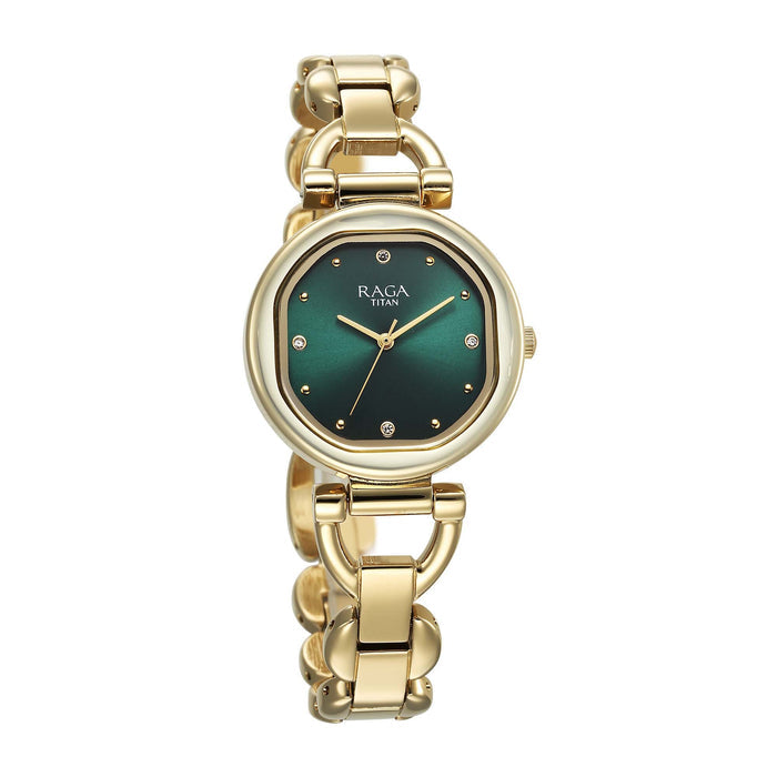 Titan Raga Showstopper Quartz Analog Green Dial Metal Strap Watch For Women 95301YM01