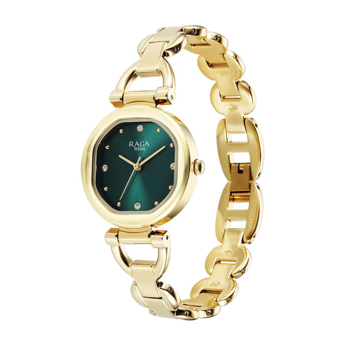 Titan Raga Showstopper Quartz Analog Green Dial Metal Strap Watch For Women 95301YM01