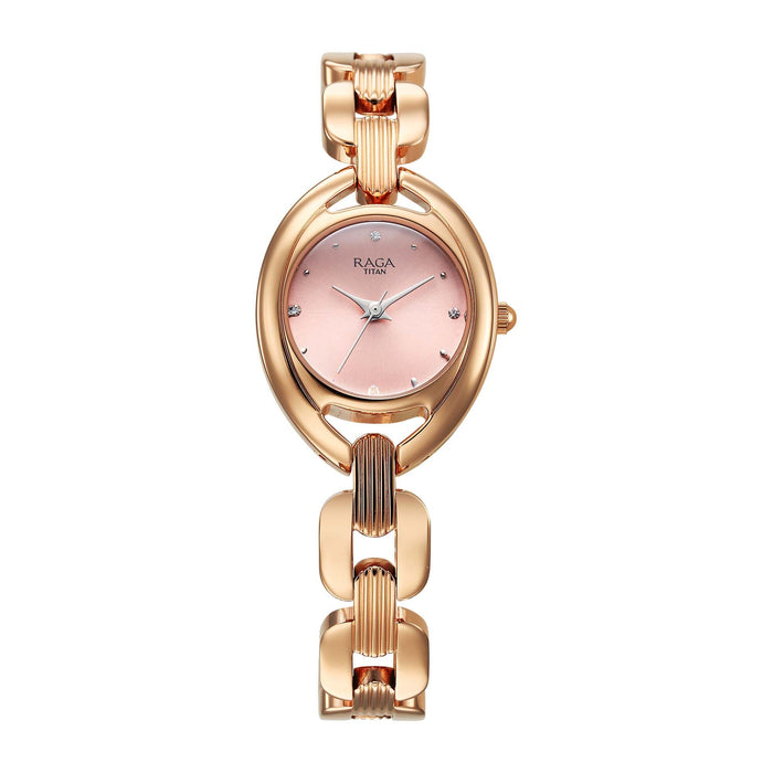 Titan Raga Showstopper Quartz Analog Pink Dial Metal Strap Watch For Women 95306WM01