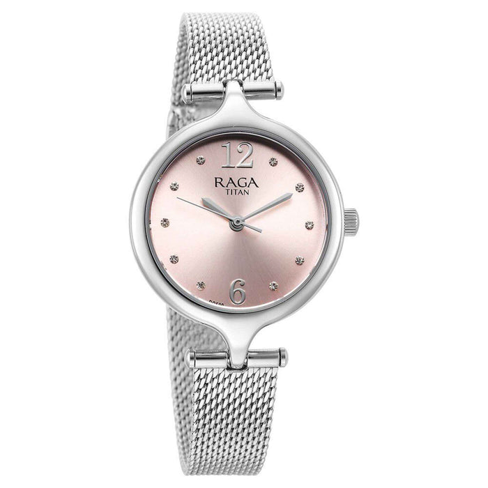 Titan Raga Showstopper Quartz Analog Pink Dial Metal Strap Watch for Women