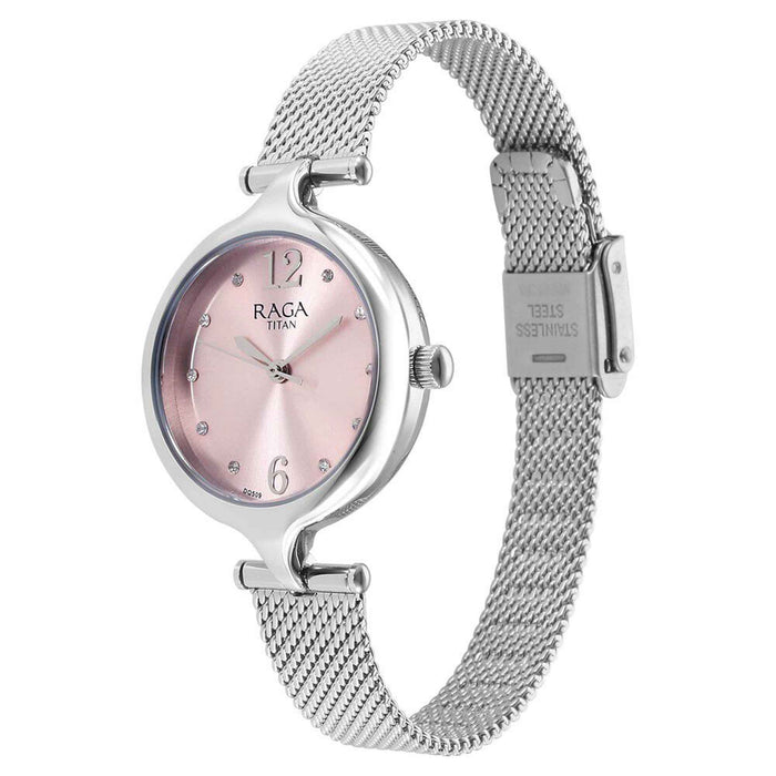 Titan Raga Showstopper Quartz Analog Pink Dial Metal Strap Watch for Women