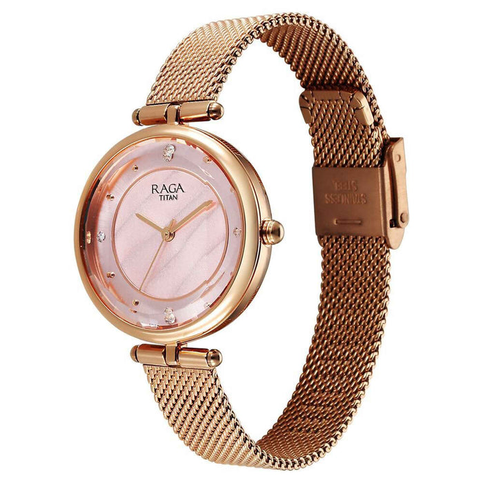 Titan Raga Showstopper Quartz Analog Pink Dial Metal Strap Watch For Women