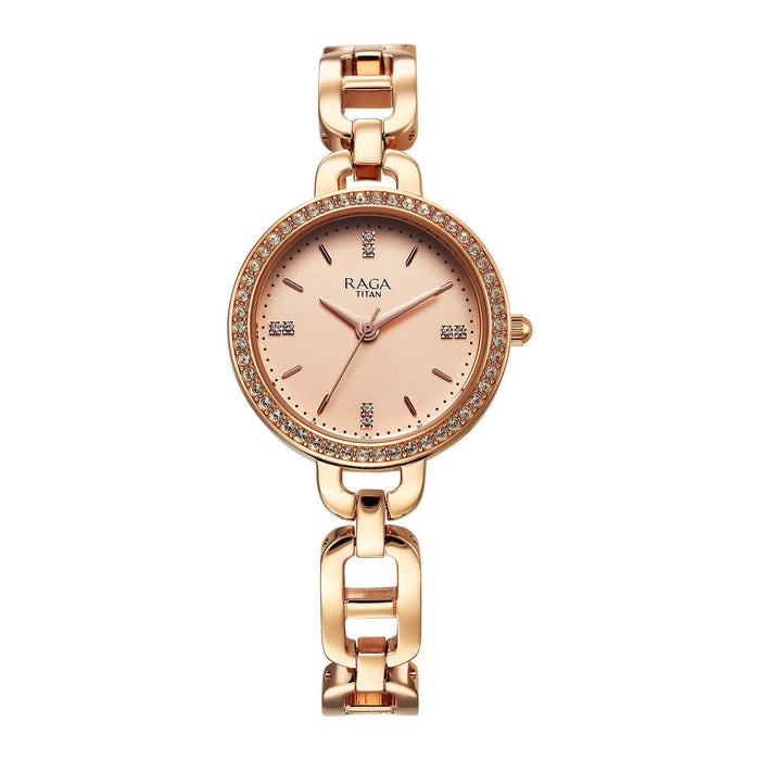 Titan Raga Showstopper Quartz Analog Rose Gold Dial Metal Strap Watch For Women 95305WM01