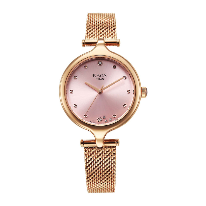 Titan Raga Showstopper Quartz Analog Rose Gold Dial Metal Strap Watch For Women 95268WM01