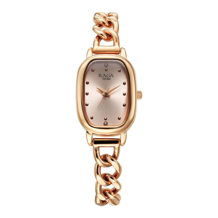 Titan Raga Showstopper Quartz Analog Rose Gold Dial Metal Strap Watch For Women 95309WM01