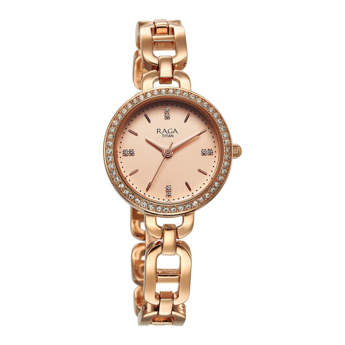 Titan Raga Showstopper Quartz Analog Rose Gold Dial Metal Strap Watch For Women 95305WM01