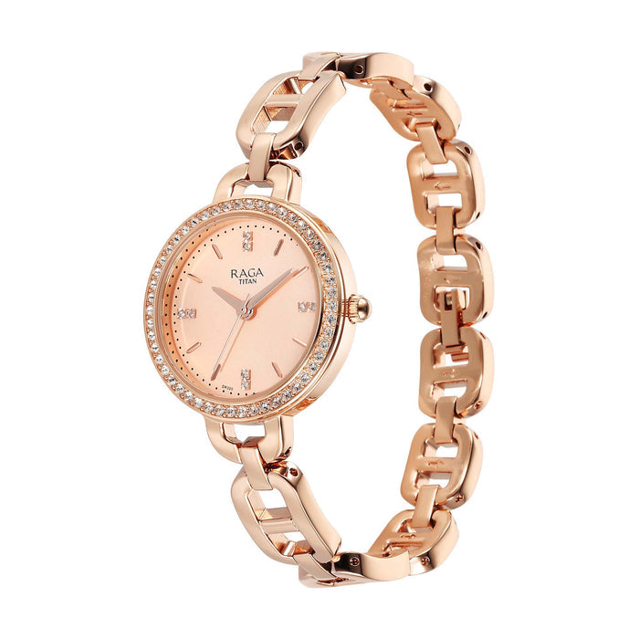 Titan Raga Showstopper Quartz Analog Rose Gold Dial Metal Strap Watch For Women 95305WM01