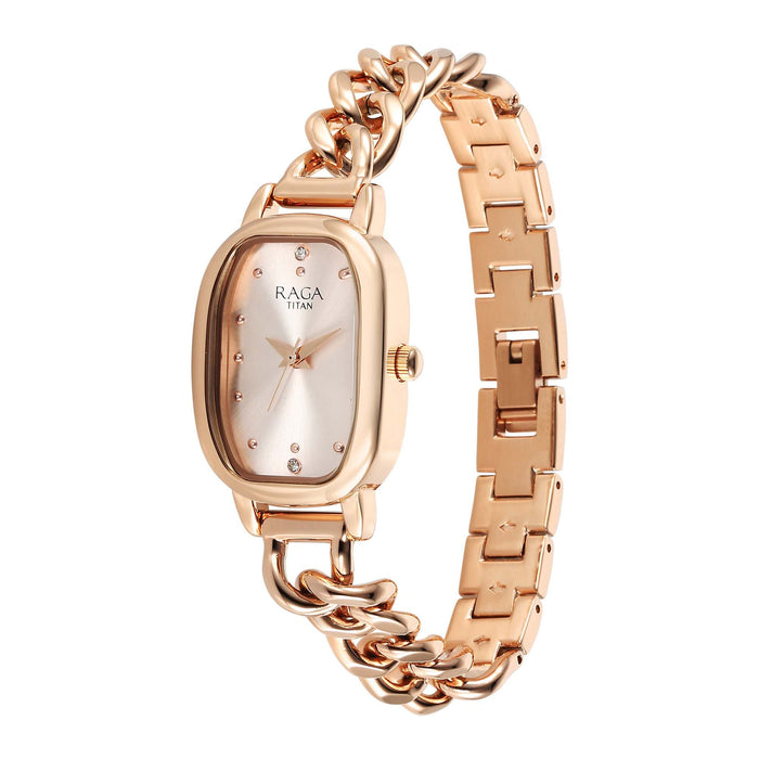Titan Raga Showstopper Quartz Analog Rose Gold Dial Metal Strap Watch For Women 95309WM01