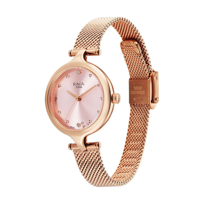 Titan Raga Showstopper Quartz Analog Rose Gold Dial Metal Strap Watch For Women 95268WM01