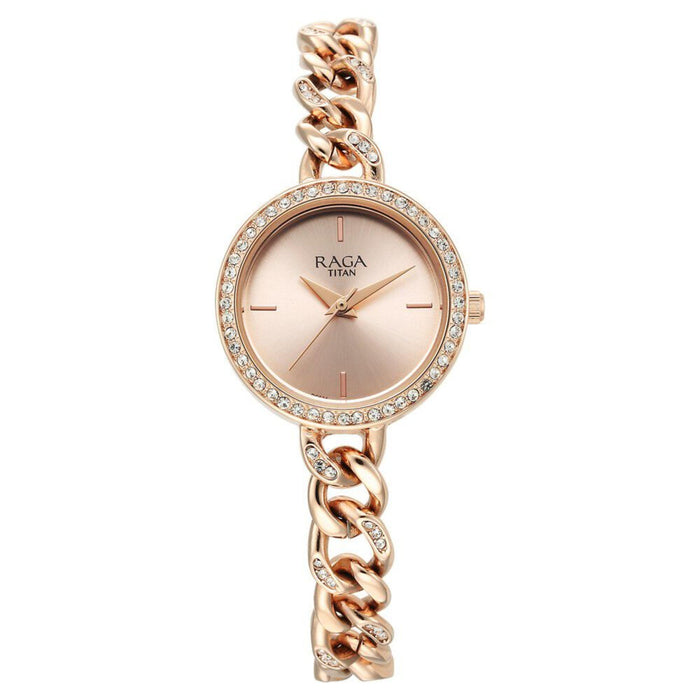 Titan Raga Showstopper Quartz Analog Rose Gold Round Dial Rose Gold Metal Strap Watch For Women 95288WM01