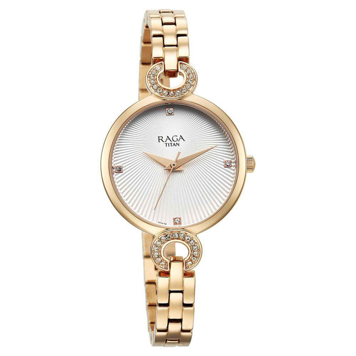 Titan Raga Showstopper Quartz Analog White Dial Metal Strap Watch for Women