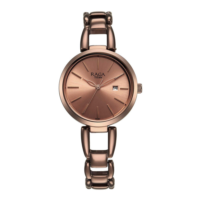 Titan Raga Viva Quartz Analog with Date Rose Gold Dial Brown Metal Strap Watch for Women 2642QM01