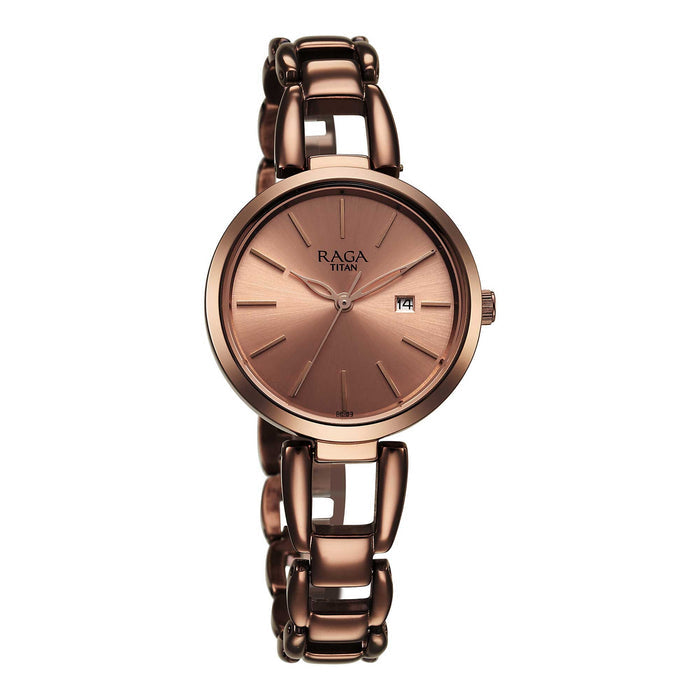 Titan Raga Viva Quartz Analog with Date Rose Gold Dial Brown Metal Strap Watch for Women 2642QM01