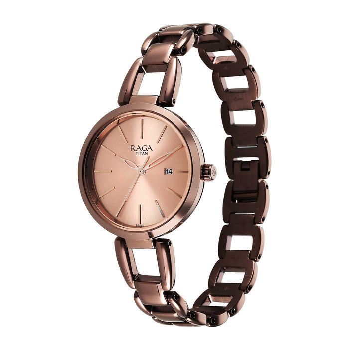 Titan Raga Viva Quartz Analog with Date Rose Gold Dial Brown Metal Strap Watch for Women 2642QM01