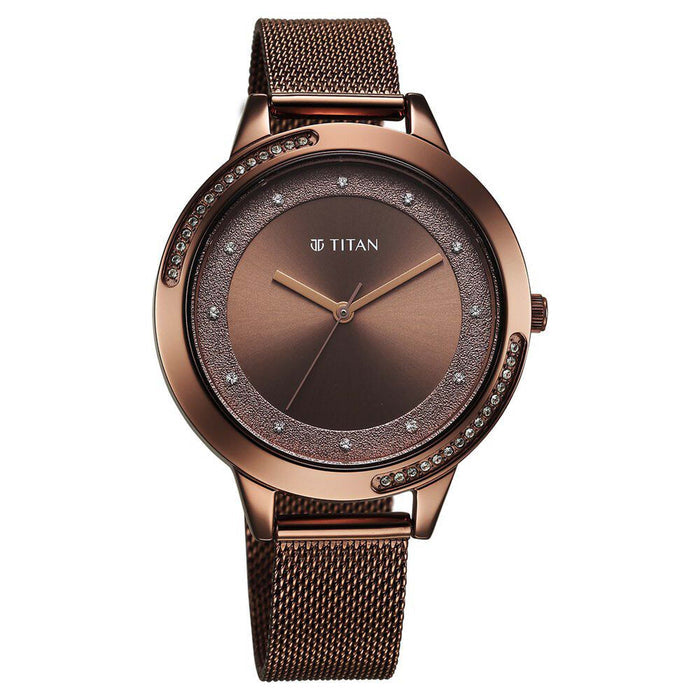 Titan Razzle Dazzle Quartz Analog Brown Dial Stainless Steel Mesh Strap Watch For Women
