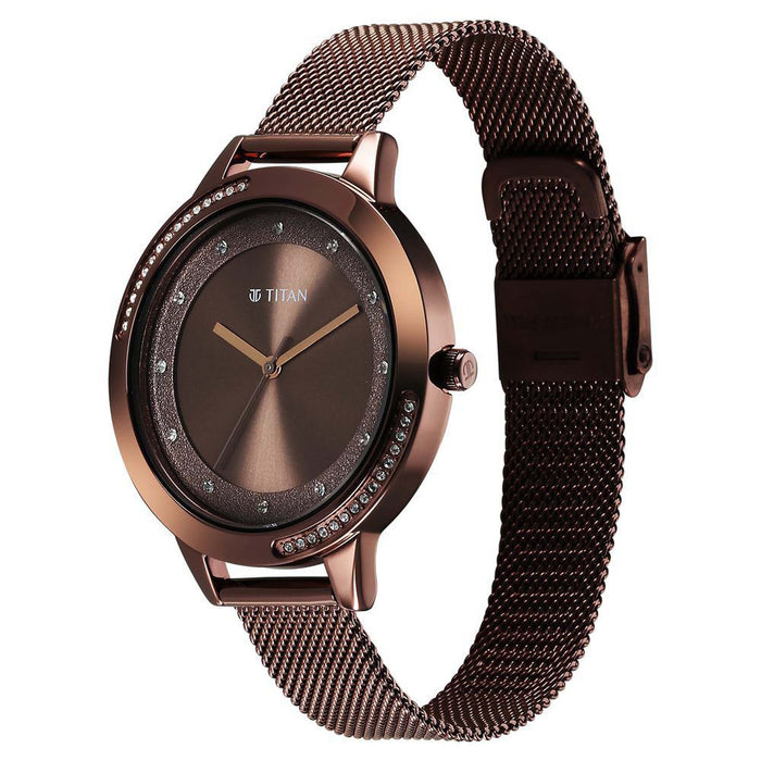Titan Razzle Dazzle Quartz Analog Brown Dial Stainless Steel Mesh Strap Watch For Women