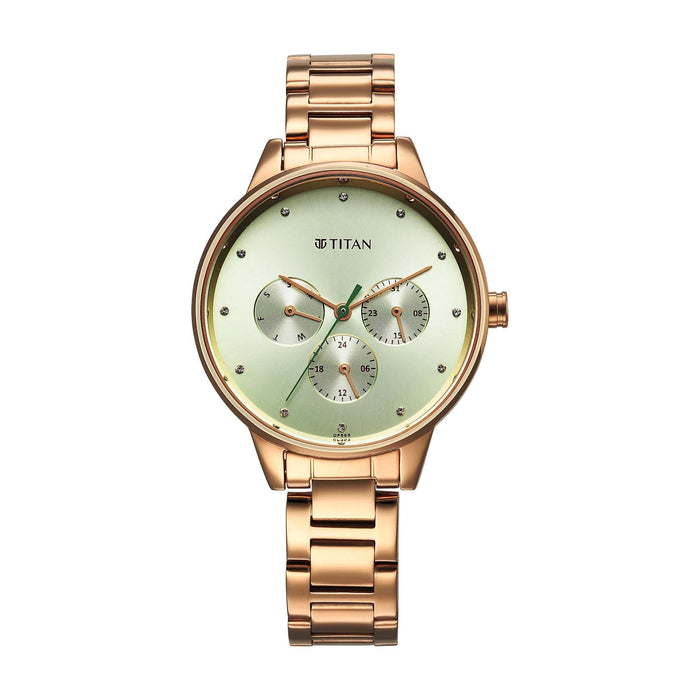Titan Razzle Dazzle Quartz Analog with Day and Date Green Dial Rose Gold Stainless Steel Strap Watch For Women 2648WM09
