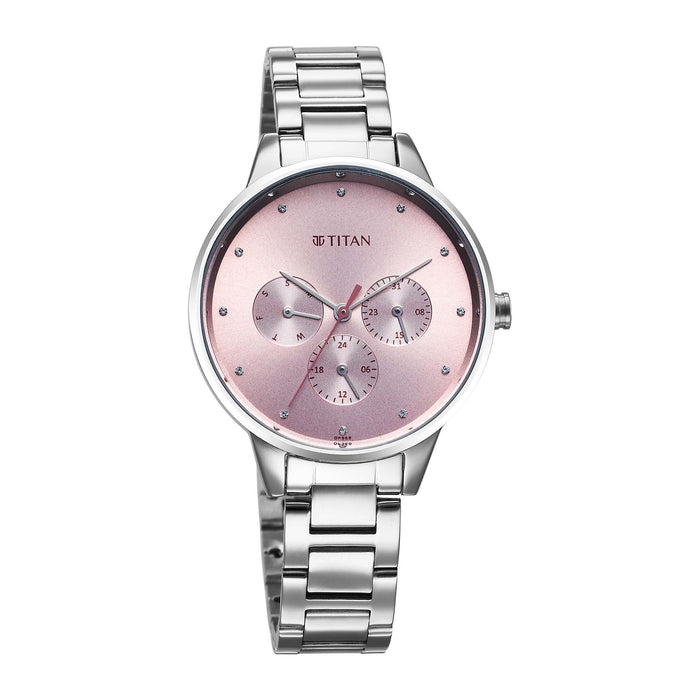 Titan Razzle Dazzle Quartz Analog with Day and Date Pink Dial Silver Stainless Steel Strap Watch For Women 2648SM13
