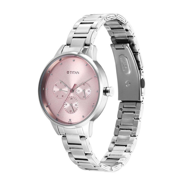 Titan Razzle Dazzle Quartz Analog with Day and Date Pink Dial Silver Stainless Steel Strap Watch For Women 2648SM13