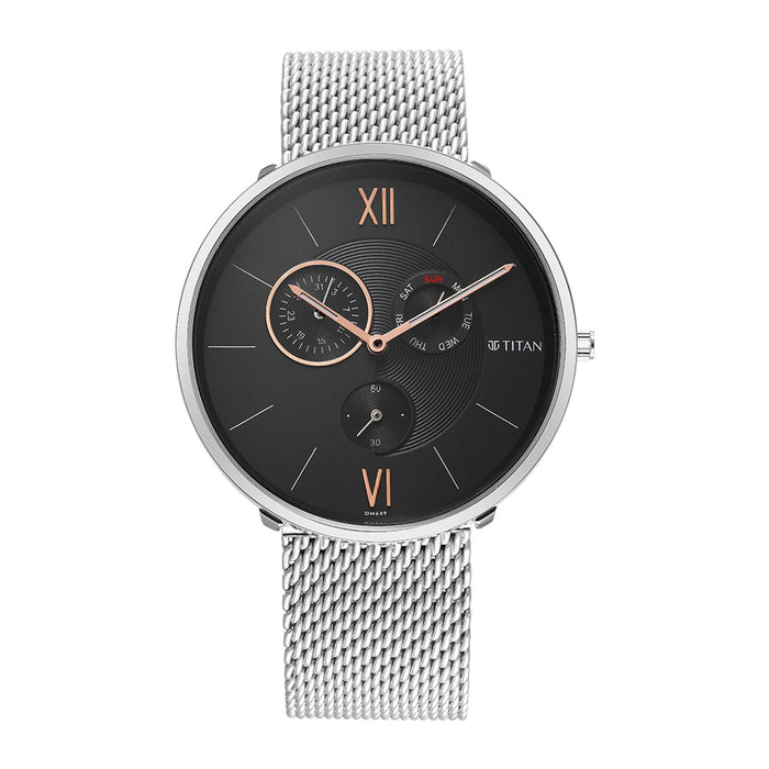 Titan Slim Multifinction Black Dial Stainless Steel Strap Watch 1877SM01