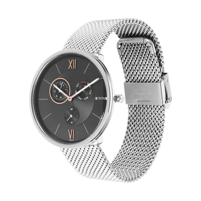 Titan Slim Multifinction Black Dial Stainless Steel Strap Watch 1877SM01
