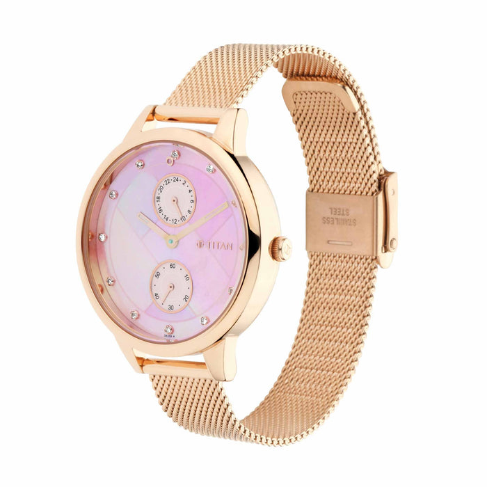 Titan Women's Analogue Quartz Rose Gold Metal Strap Watch - 2617WM04, Pink MOP